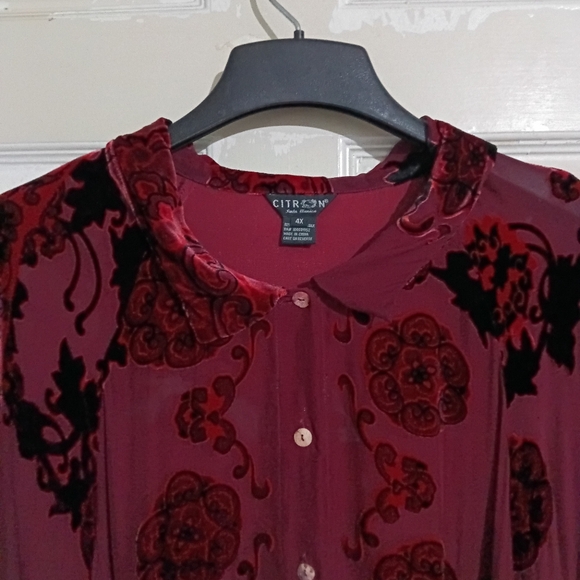 Citron Sz. 4X Rayon & Silk Mix Burgundy Velvet Burnout Button Down Tunic Blouse - Picture 4 of 16
